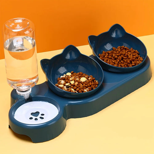 3 In 1 Ear Design Tilted Cat Water And Food Bowl Set With Gravity Water Bottle For Neck Protection