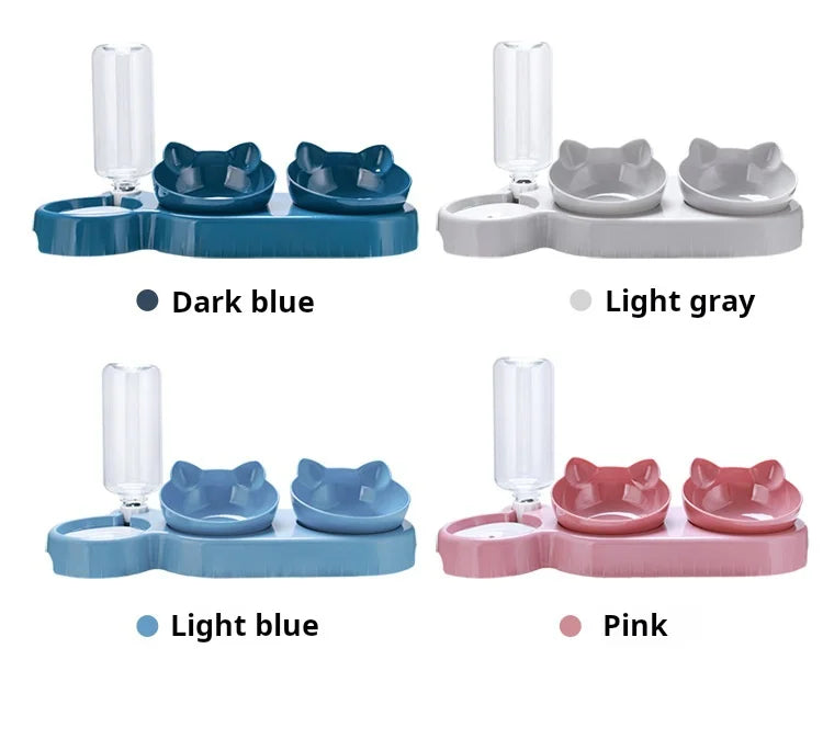 3 In 1 Ear Design Tilted Cat Water And Food Bowl Set With Gravity Water Bottle For Neck Protection