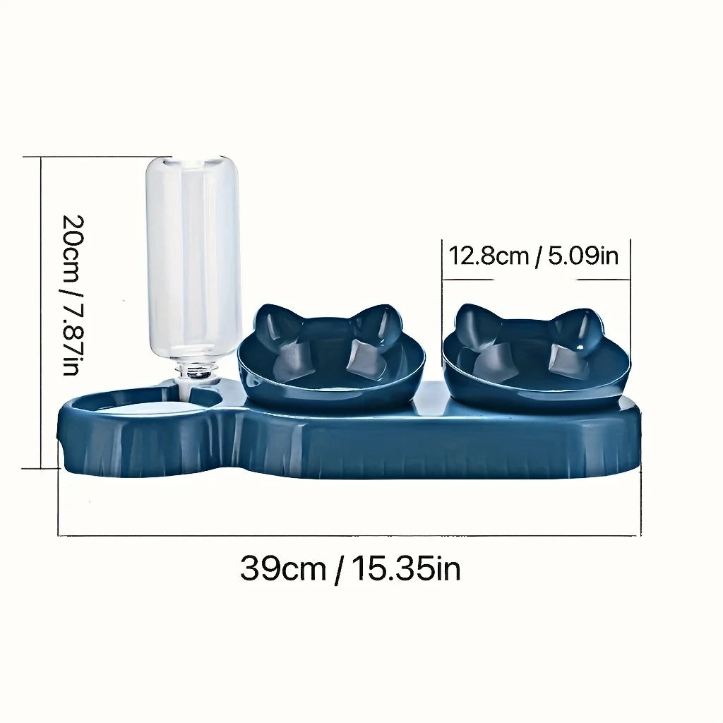 3 In 1 Ear Design Tilted Cat Water And Food Bowl Set With Gravity Water Bottle For Neck Protection