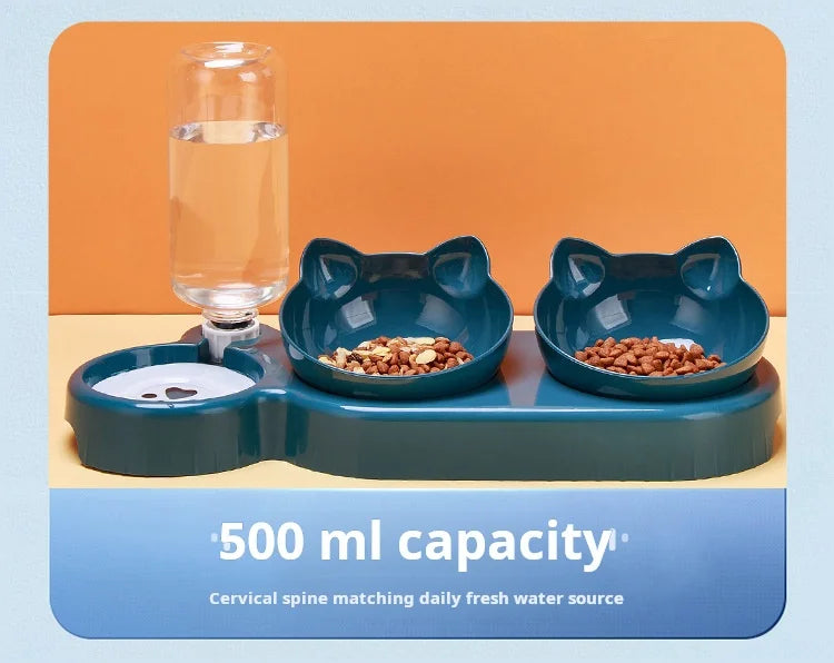 3 In 1 Ear Design Tilted Cat Water And Food Bowl Set With Gravity Water Bottle For Neck Protection