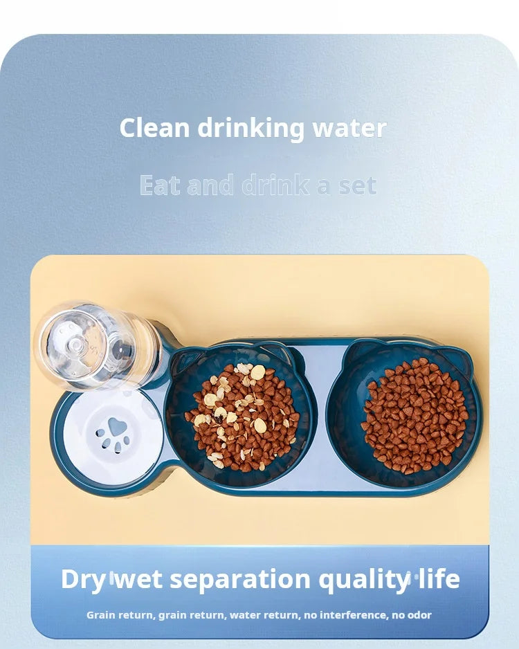 3 In 1 Ear Design Tilted Cat Water And Food Bowl Set With Gravity Water Bottle For Neck Protection