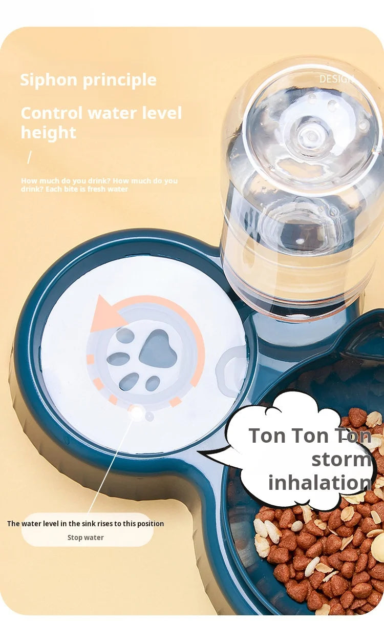 3 In 1 Ear Design Tilted Cat Water And Food Bowl Set With Gravity Water Bottle For Neck Protection