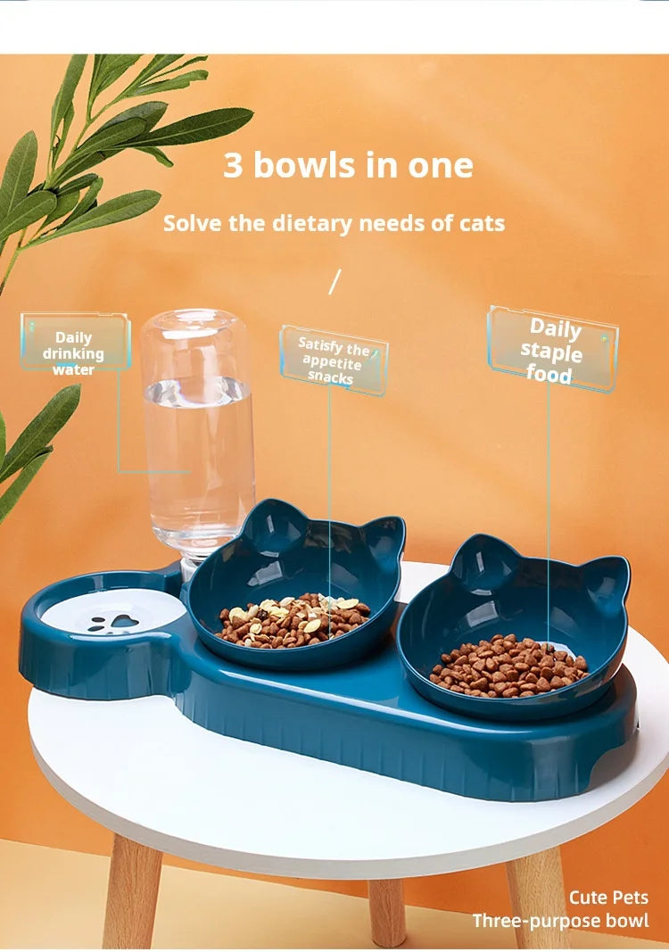 3 In 1 Ear Design Tilted Cat Water And Food Bowl Set With Gravity Water Bottle For Neck Protection