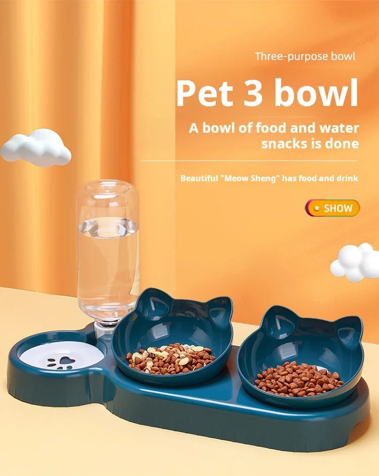 3 In 1 Ear Design Tilted Cat Water And Food Bowl Set With Gravity Water Bottle For Neck Protection