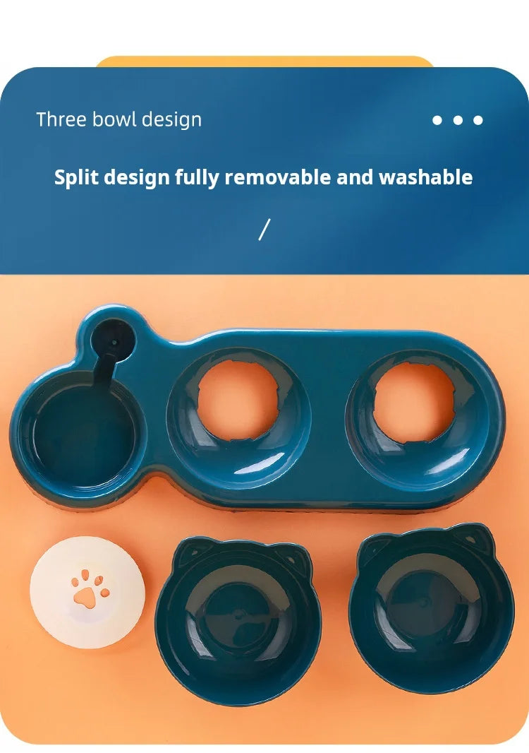 3 In 1 Ear Design Tilted Cat Water And Food Bowl Set With Gravity Water Bottle For Neck Protection