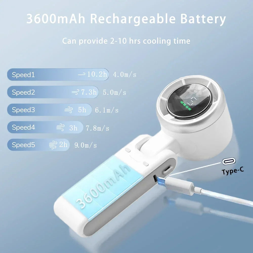 5-Speed Turbo Handheld Fan - USB Rechargeable Mini Fan, Portable Foldable Bladeless with Large Battery for Travel/Outdoor